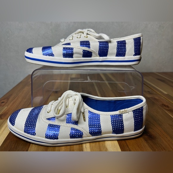 Keds x kate spade Collab Blue White Sequin Striped Lace Up Canvas Sneakers Sz 8 - Picture 3 of 10